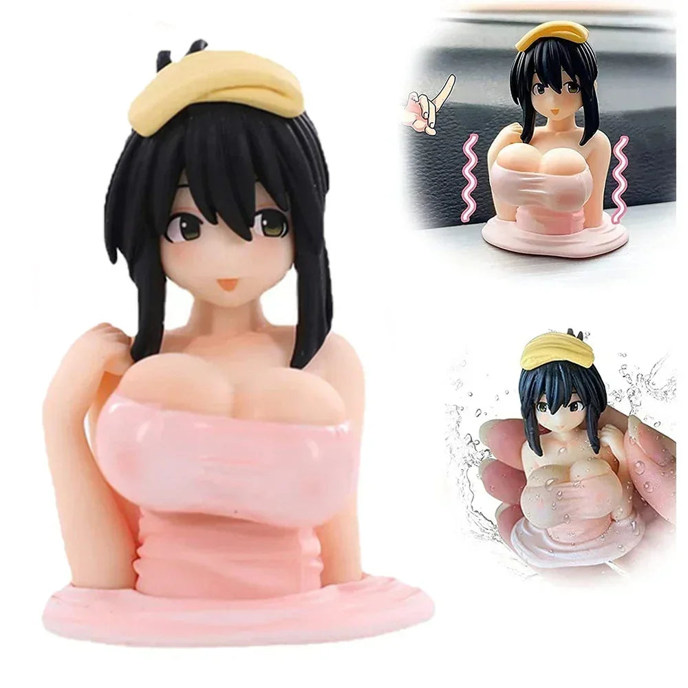 Anime-figur av en kvinne med svart og gult hår, vist i forskjellige positurer.