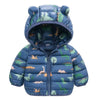 A dark blue kids' hooded puffer jacket with a zipper closure featuring a green and white animal print.