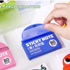 A hand is holding a blue pad of sticky notes labeled STICKY NOTE with 80 Sheets, demonstrating easy extraction.