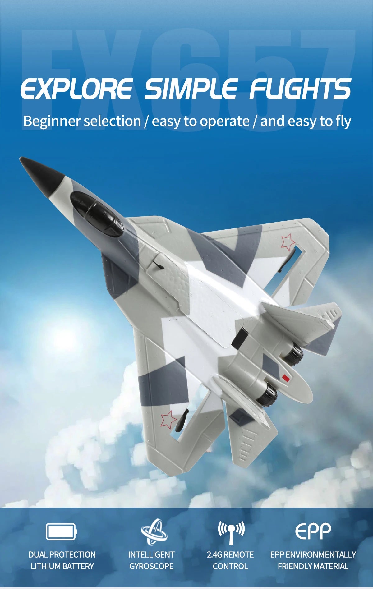 A white and gray SU-35 remote control fighter plane model flying against a blue sky background.