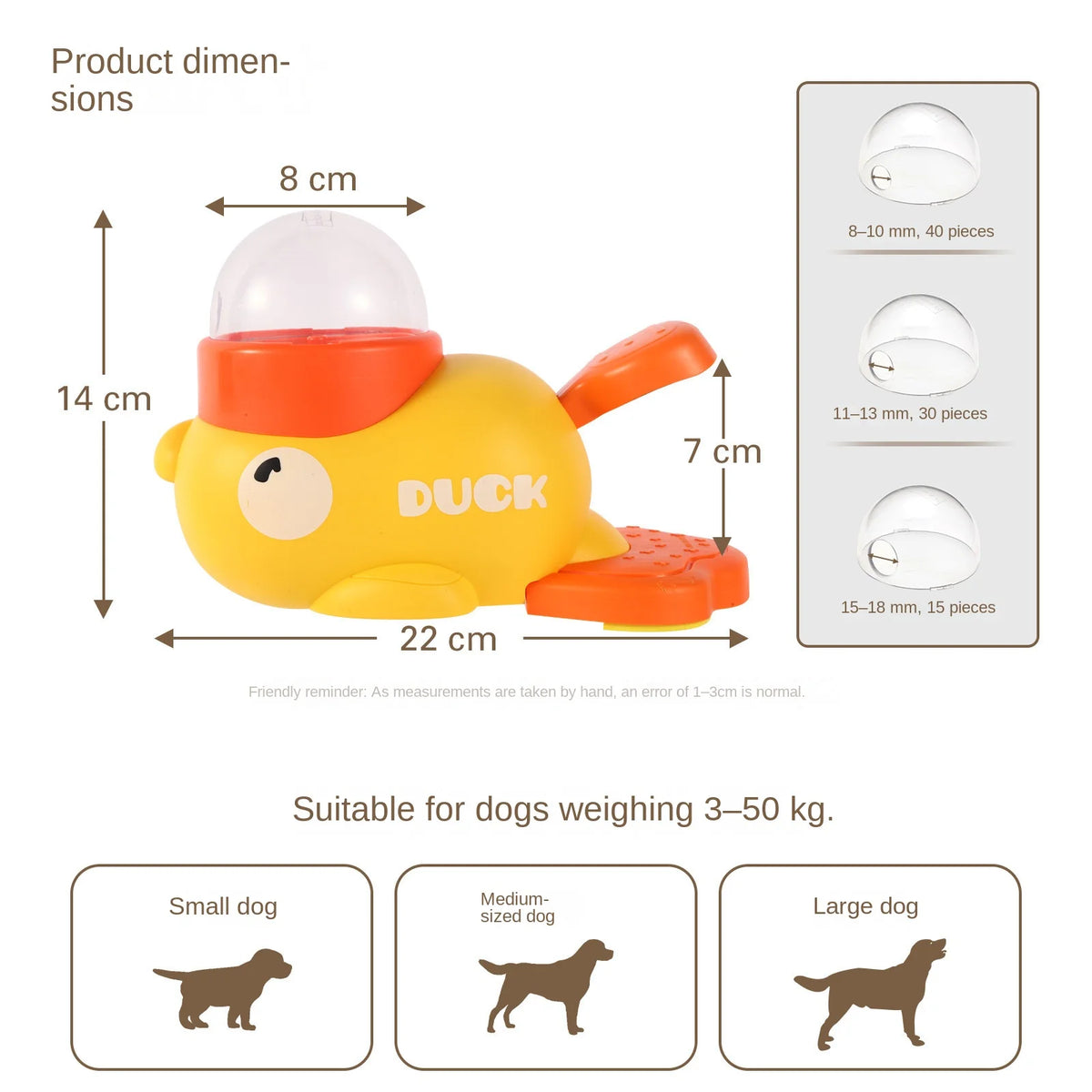 Juguete para perros en forma de pato amarillo que dispensa premios, con nariz y patas naranjas.