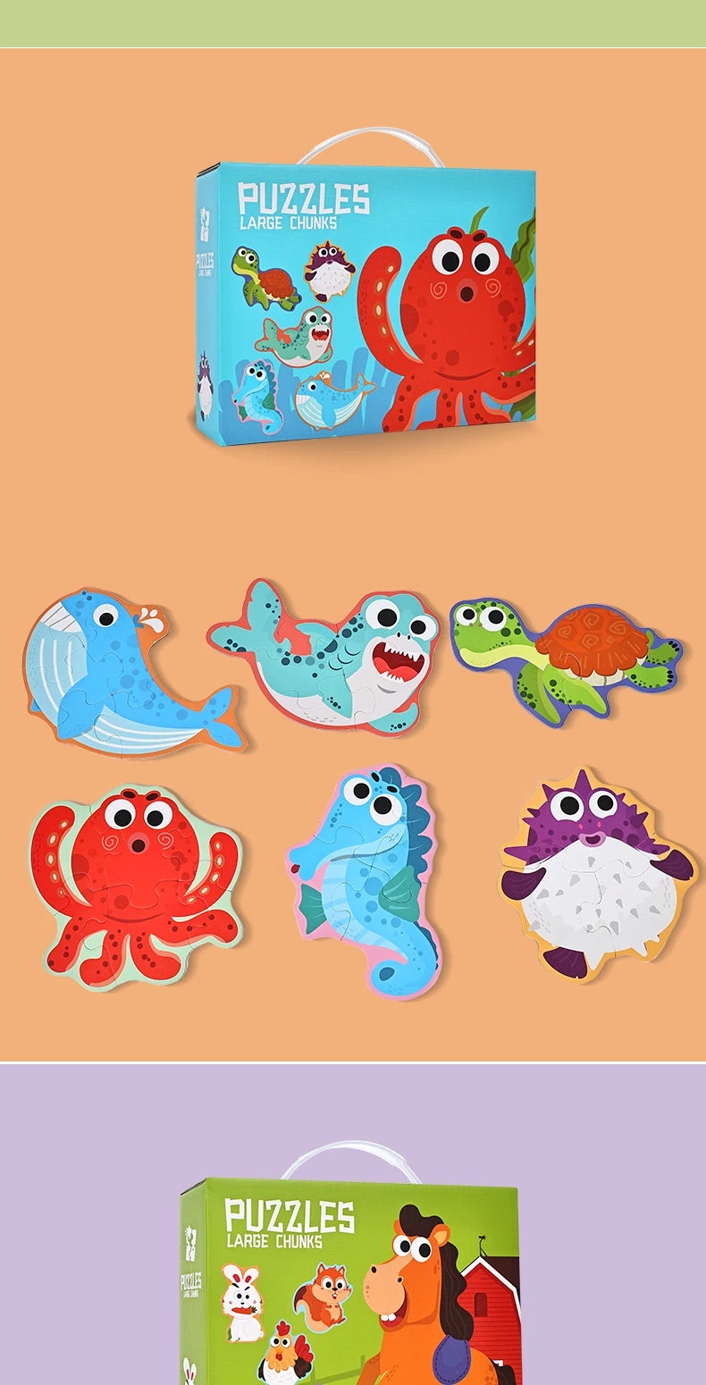 A box of large chunks puzzles featuring colorful sea creatures like an octopus, fish, and a hedgehog.