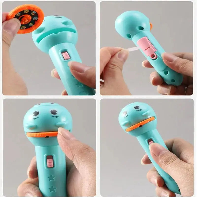 A turquoise kids projector flashlight is shown being held, with various components and story cards visible.