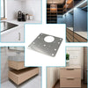 Stainless steel cabinet door hinge repair plate kit with screws shown in various contexts.