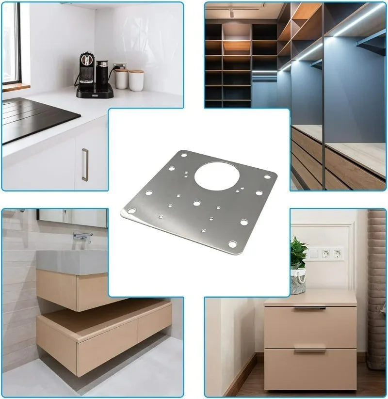 Stainless steel cabinet door hinge repair plate kit with screws shown in various contexts.