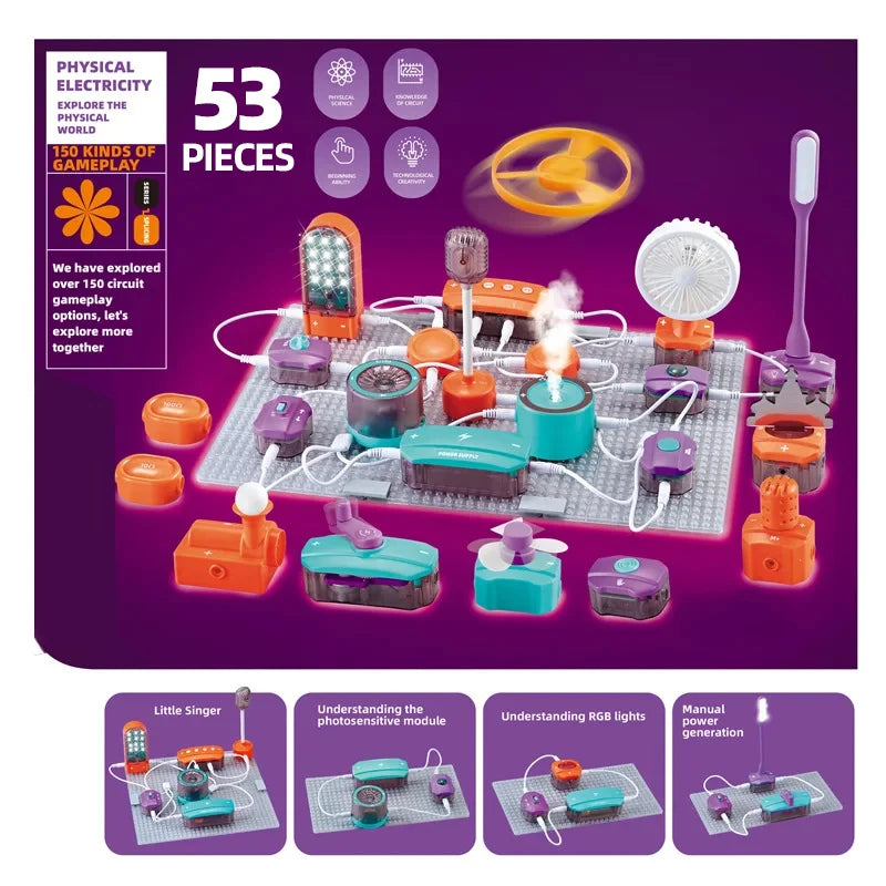 A set of electronic circuit building blocks featuring various components like LEDs, sensors, and wires on a circuit board.