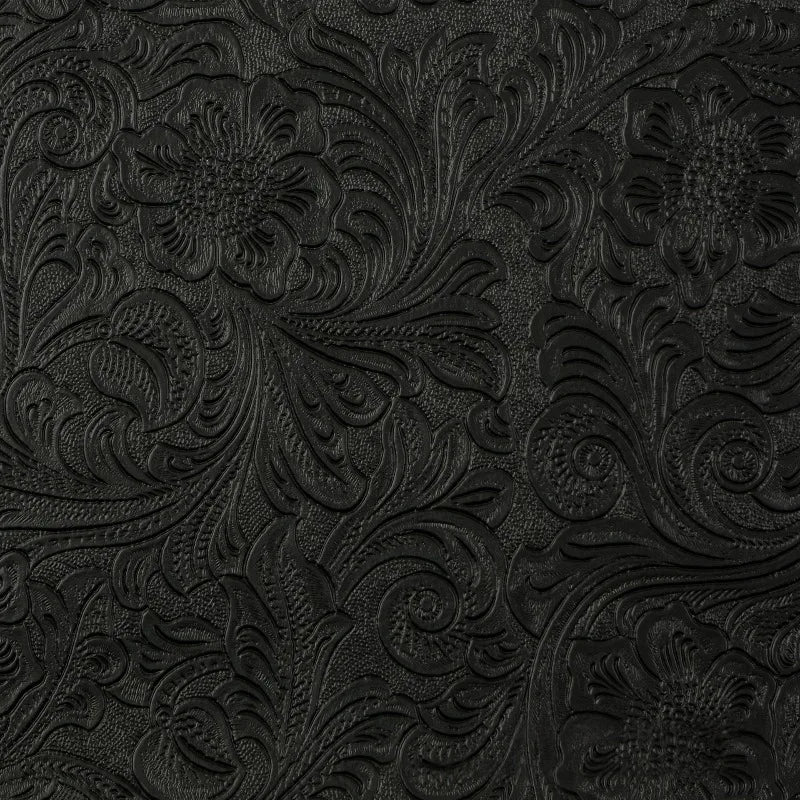 Close-up texture of black vintage floral patterned faux leather fabric.