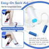 A guide showing how to use an Easy-On Sock Aid for seniors, involving sliding a sock over a plastic tube and using cords to p