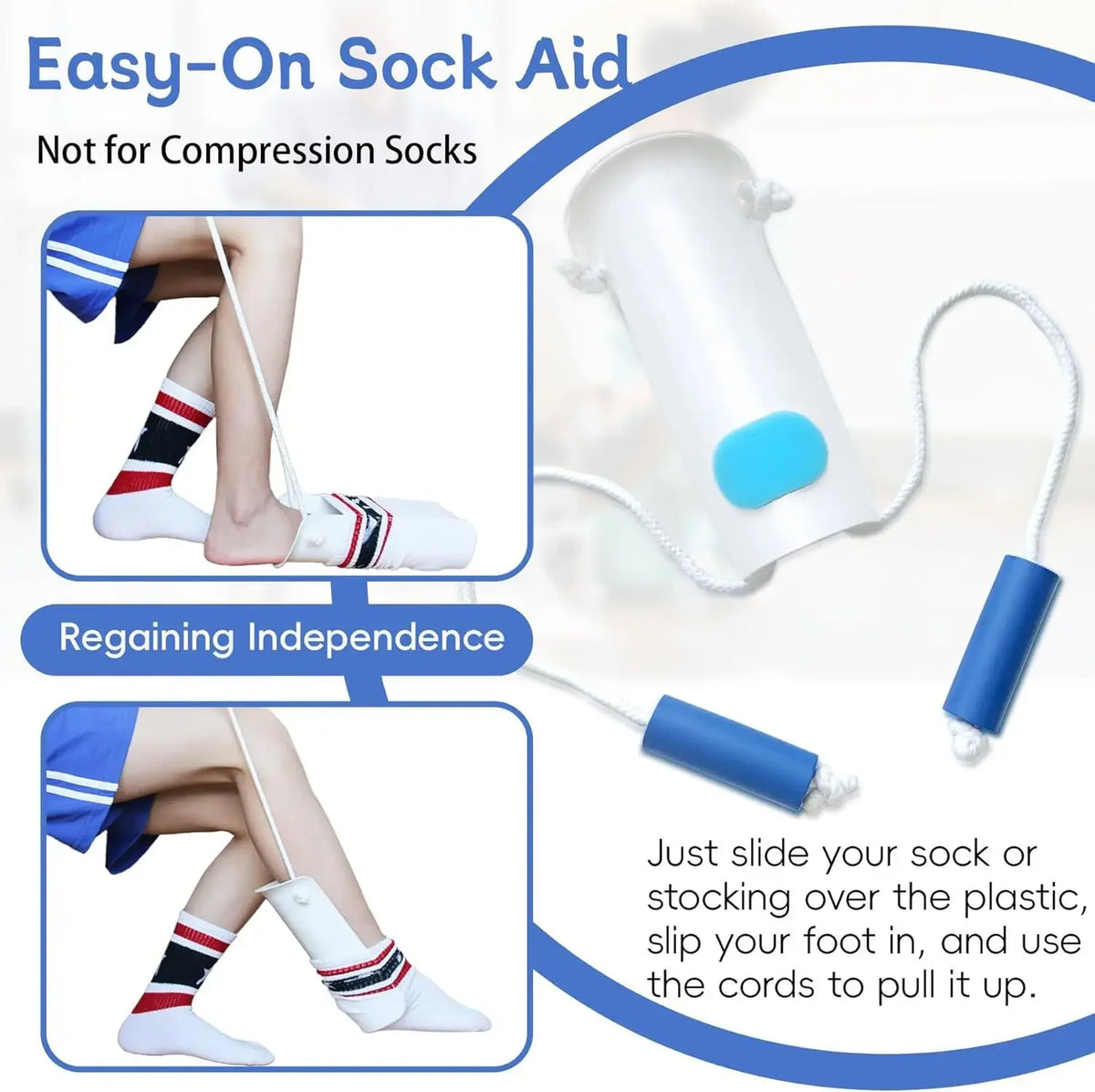 A guide showing how to use an Easy-On Sock Aid for seniors, involving sliding a sock over a plastic tube and using cords to p