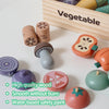 A set of wooden pretend play food cutting tools and vegetables with safety paint inside a wooden box.