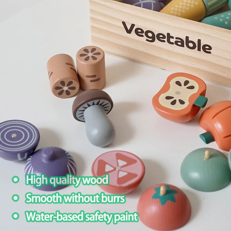 A set of wooden pretend play food cutting tools and vegetables with safety paint inside a wooden box.