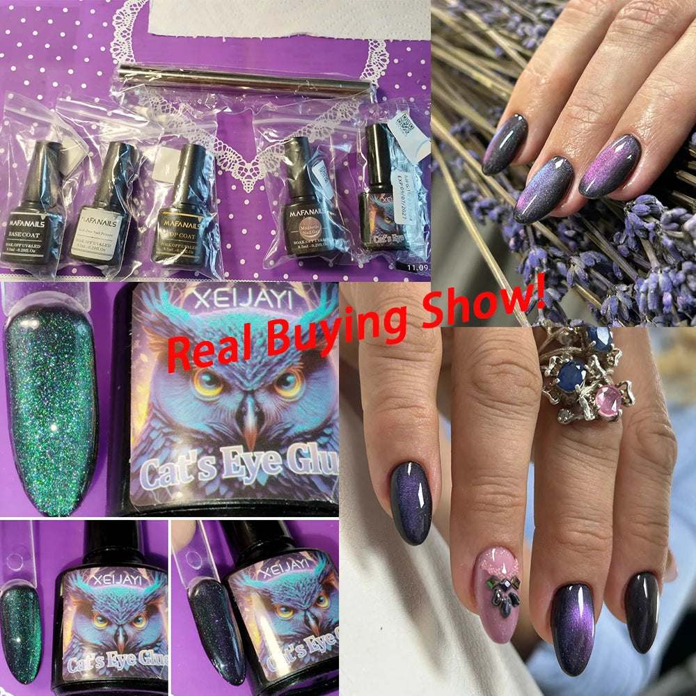 En hånd viser forskellige flasker og færdige negle med Magnetic Cat Eye Negle Gel Polish i Galaxy Chameleon Effekt.