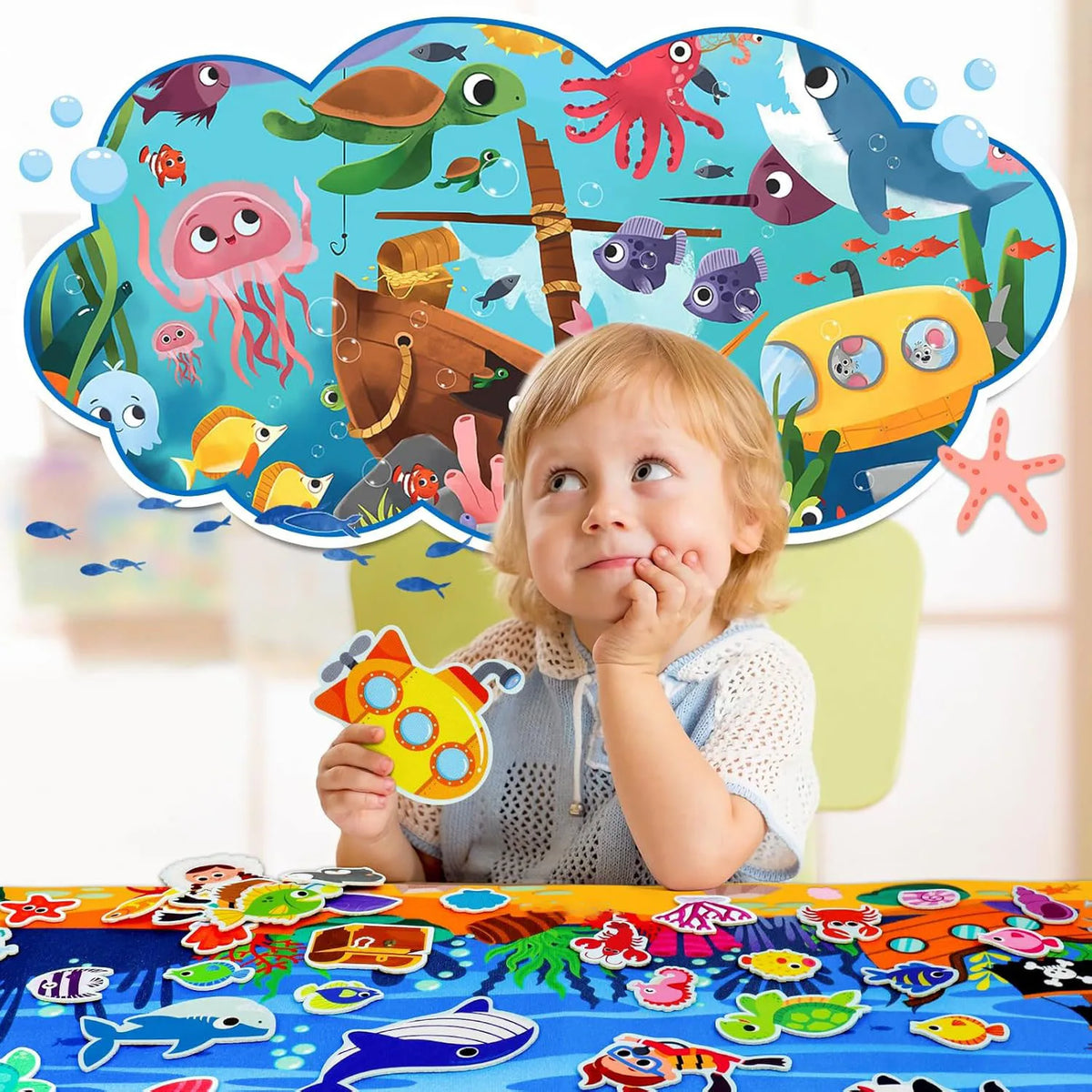 A young child is looking at a colorful felt story board featuring various zoo animals like a green turtle and a blue whale.