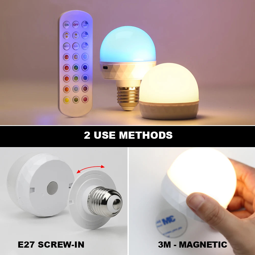 A rechargeable color-changing LED bulb is shown with two use methods: E27 screw-in and 3M magnetic.