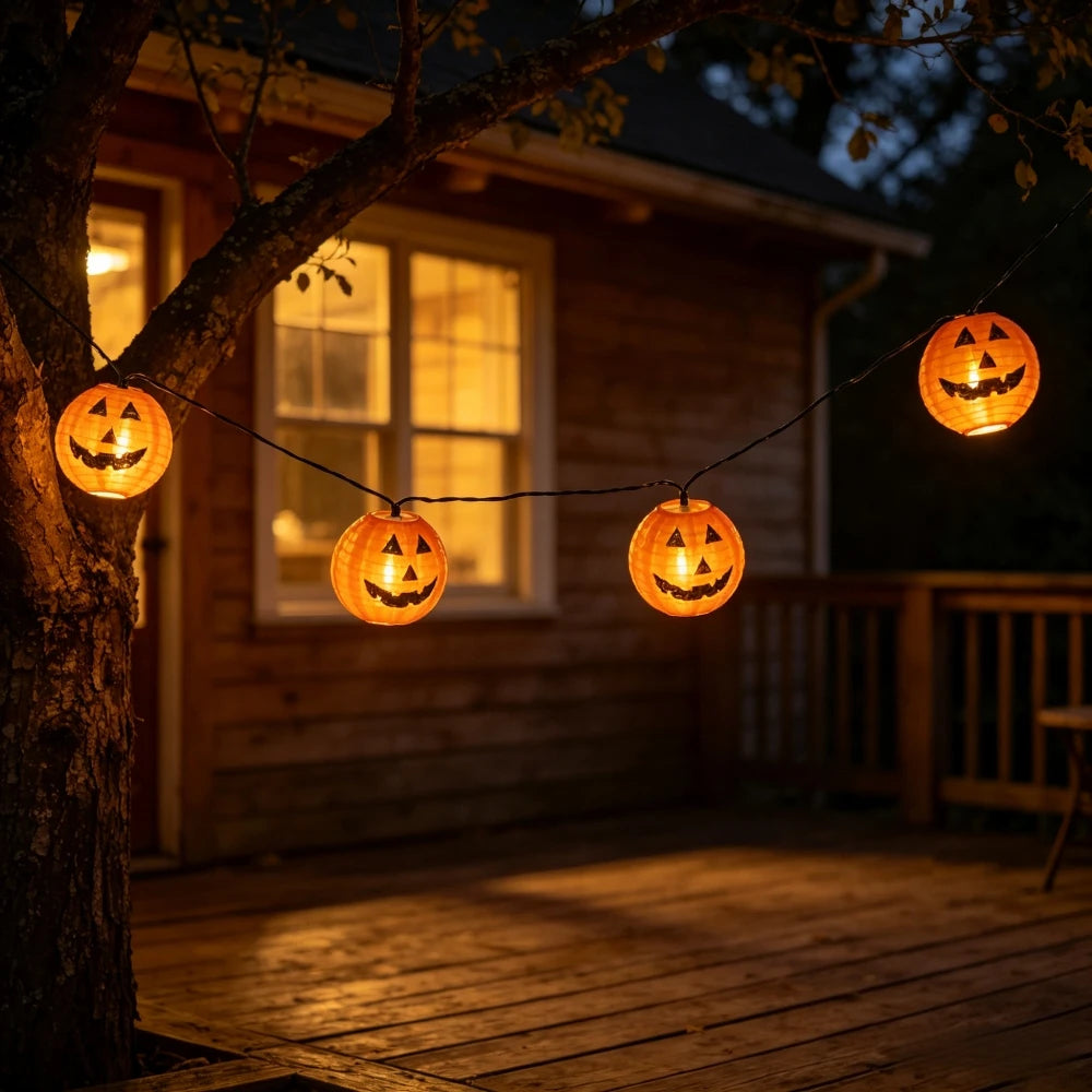 Jack-o'-lantern string lights hanging from a tree branch in front of a wooden house at dusk.