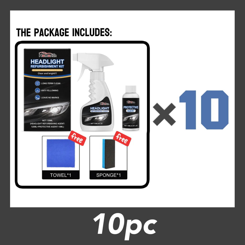 A package containing 10 headlight refurbishment kits, including a headlight kit, towel, and sponge.