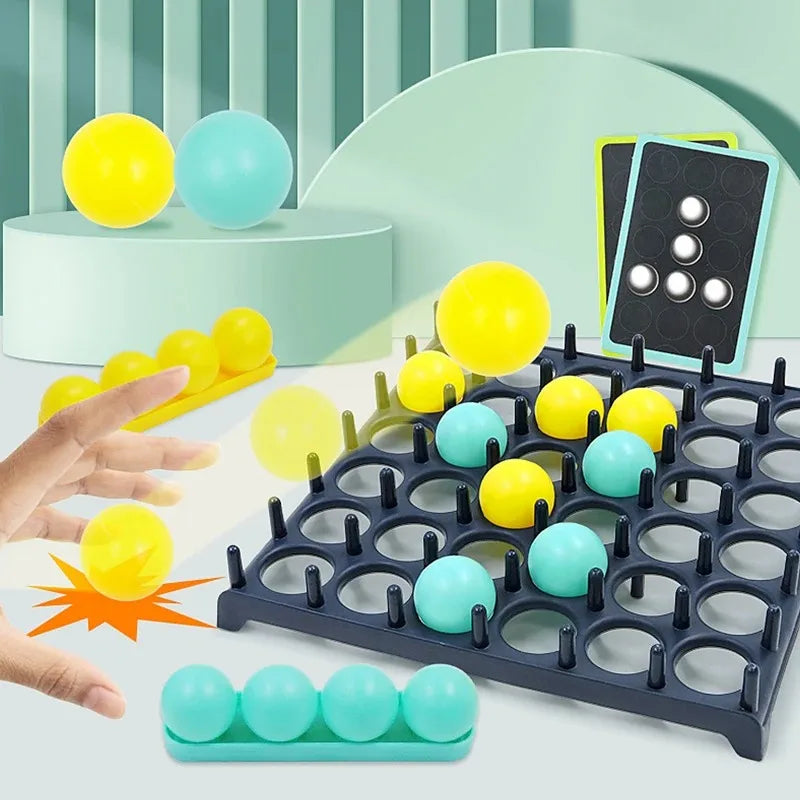 A hand is shown interacting with a black bounce ball game featuring yellow and blue balls on a green surface.