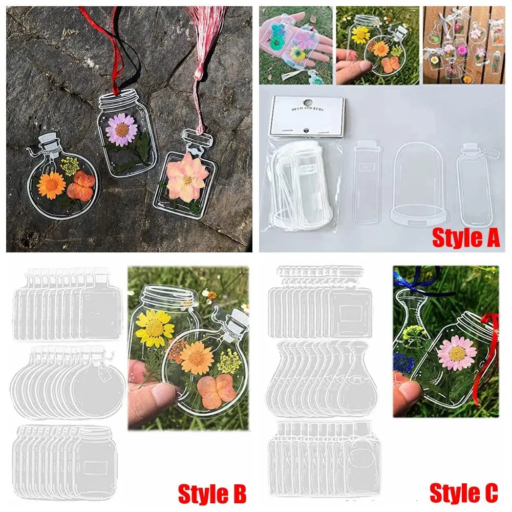 A set of thirty DIY transparent dried flower bookmarks in three different styles.
