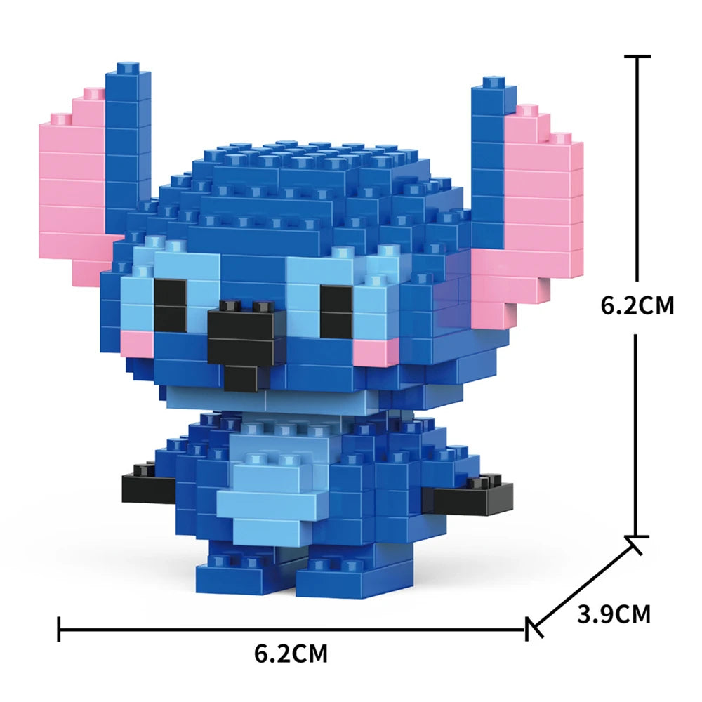 A blue and pink micro building block figurine of a bear or animal, shown with dimensions.