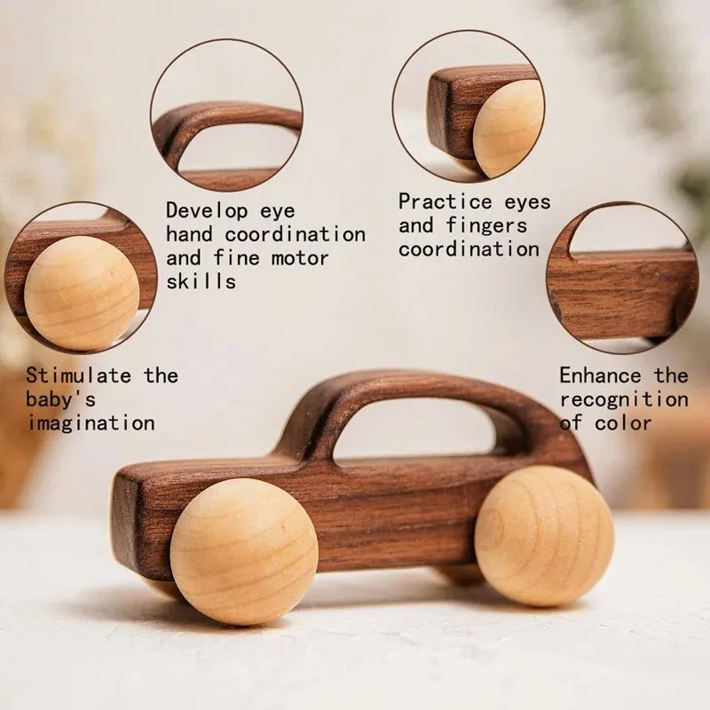 A wooden toy cart with round wheels and a handle, surrounded by circles illustrating developmental benefits.