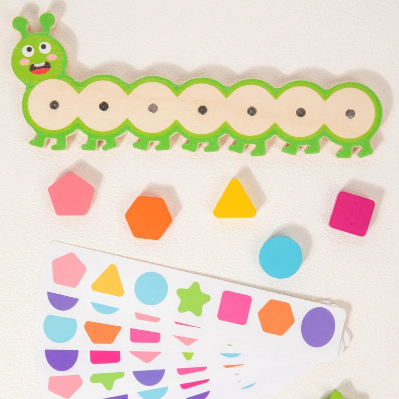 A wooden magnetic caterpillar puzzle with various colored and shaped pieces for learning