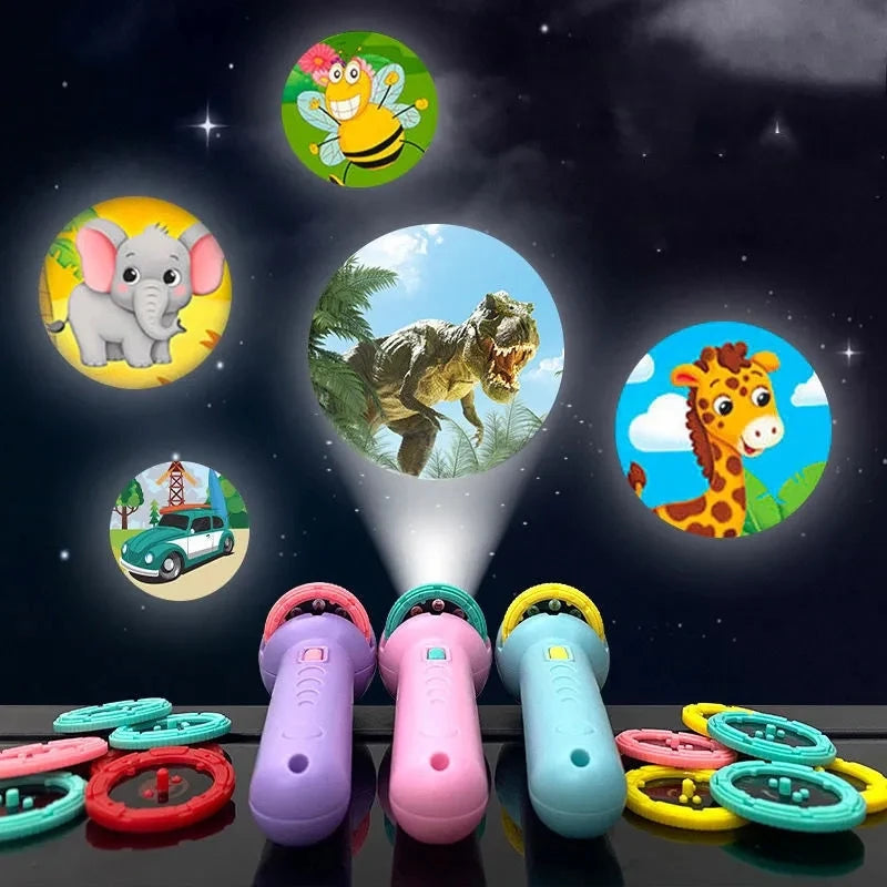 A set of five purple, pink, and blue projector flashlights with story cards displayed against a dark background.