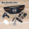 A Boy Barber Set includes various styling tools like clippers, scissors, and combs displayed on a black leather case.