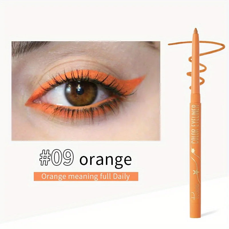 Lápiz delineador de gel naranja mate resistente al agua, tono #09, junto a un ejemplo de ojo.