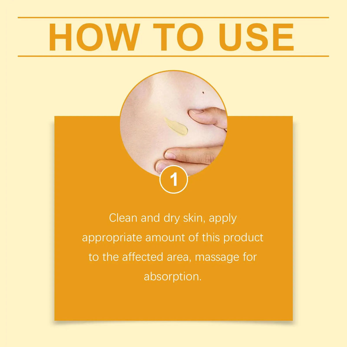 Instructional image showing how to apply a product to the skin, with text reading How to Use and step 1 for cleaning and appl