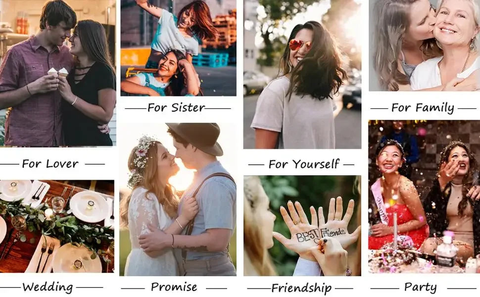 Collage de imágenes de joyas y relaciones categorizadas: para hermana, familia, amante, ti misma, boda.
