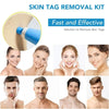 A set of skin tag removal tools and a kit for painless skin tag removal shown on various skin tones.