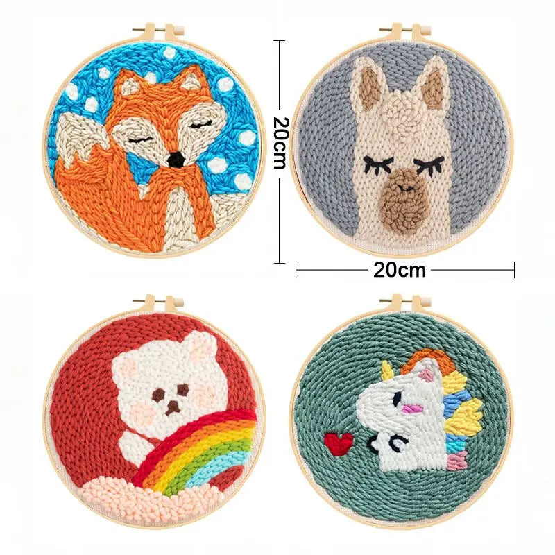 Cuatro diseños de bordado con aguja mágica: un zorro, un perro, un gato y un unicornio.