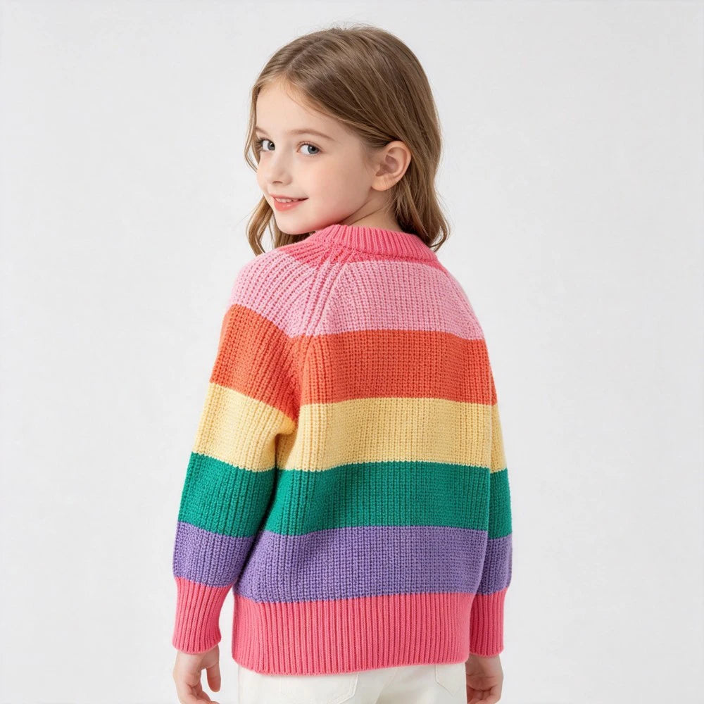 A young girl models a colorful rainbow striped knit sweater with long sleeves against a light background.