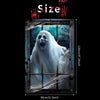 A spooky Halloween window cling featuring a ghostly white skull and draped figure against a distressed glass background.