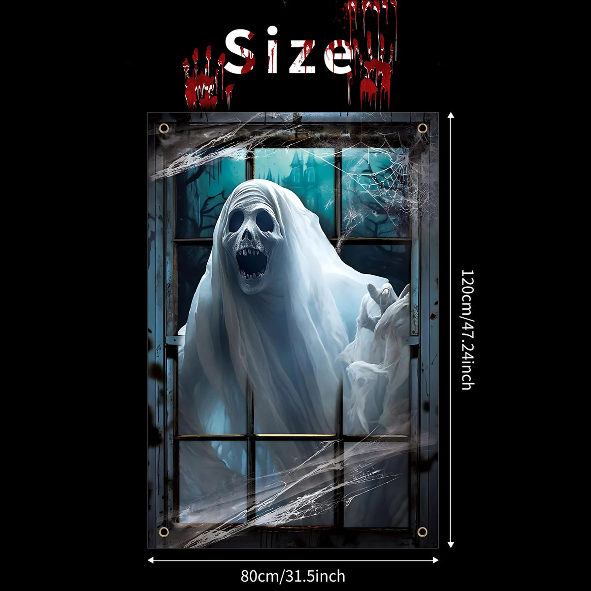 A spooky Halloween window cling featuring a ghostly white skull and draped figure against a distressed glass background.