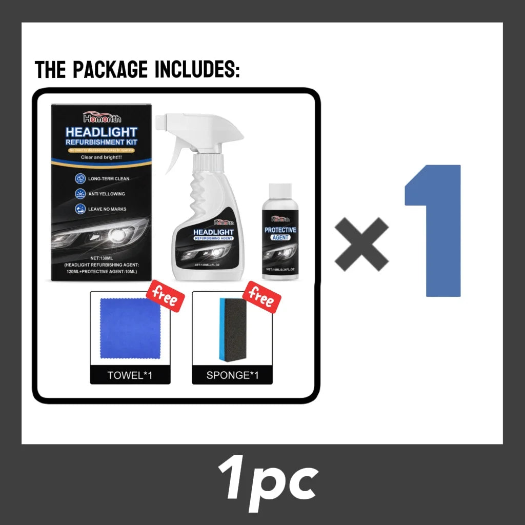 A package containing a headlight refurbishment kit including a light, a bottle of protective agent, a towel, and a sponge.