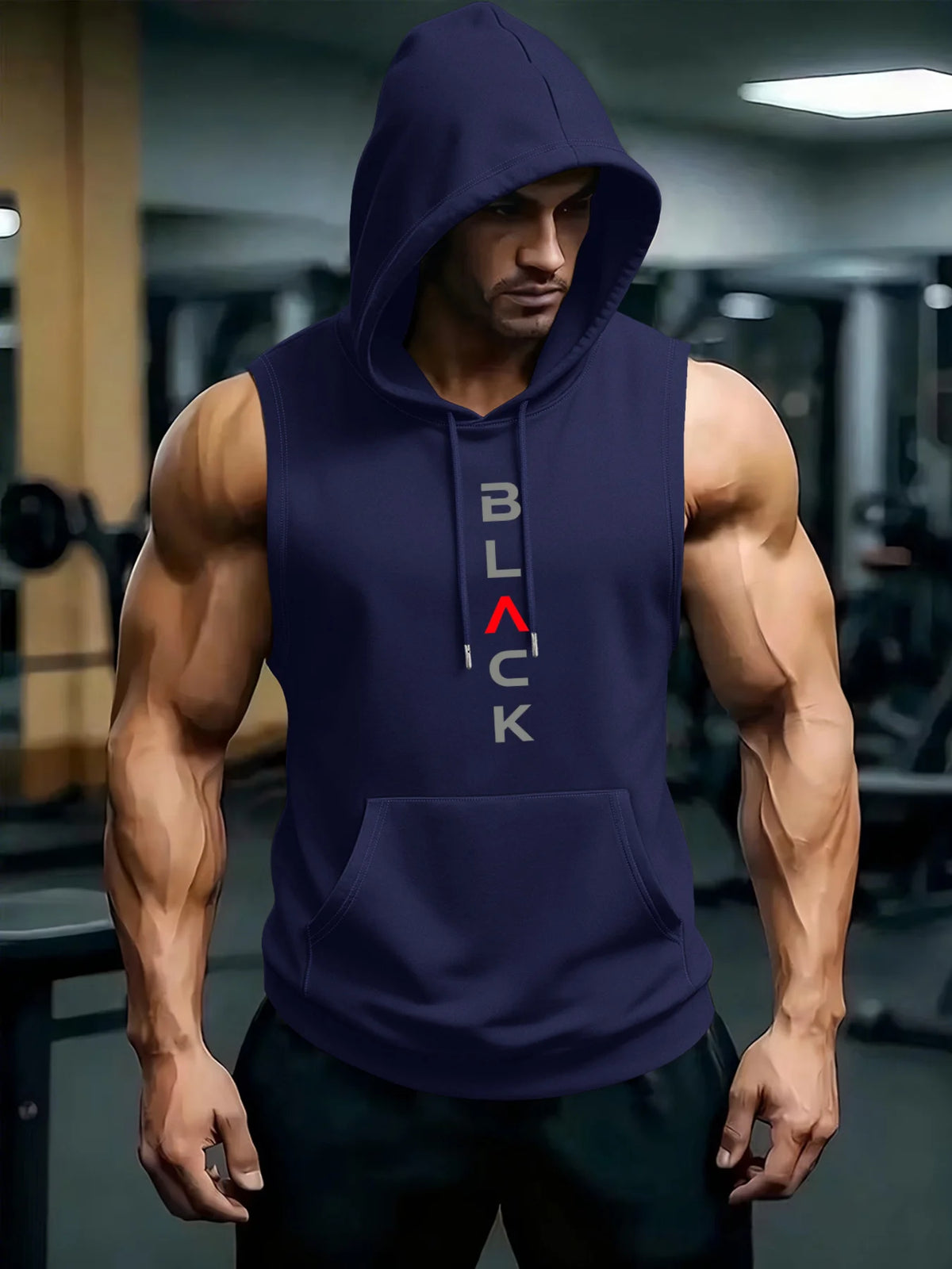 A muscular man wearing a navy blue hooded tank top and dark pants in a gym setting.