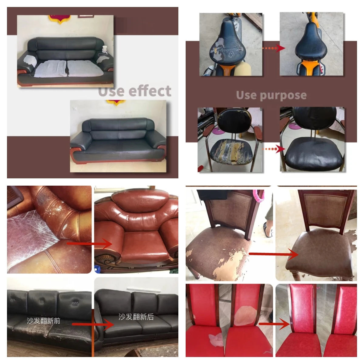 Parches de reparación de cuero autoadhesivos aplicados en sofás y muebles.