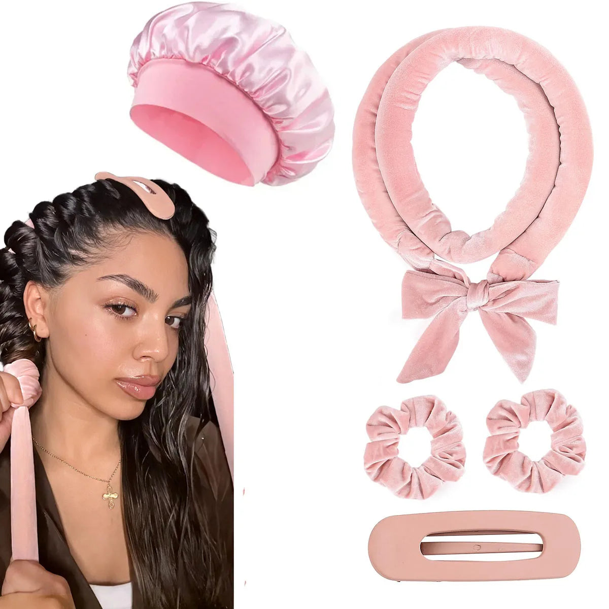 A pink satin heatless overnight curling headband is shown alongside a model wearing the product.