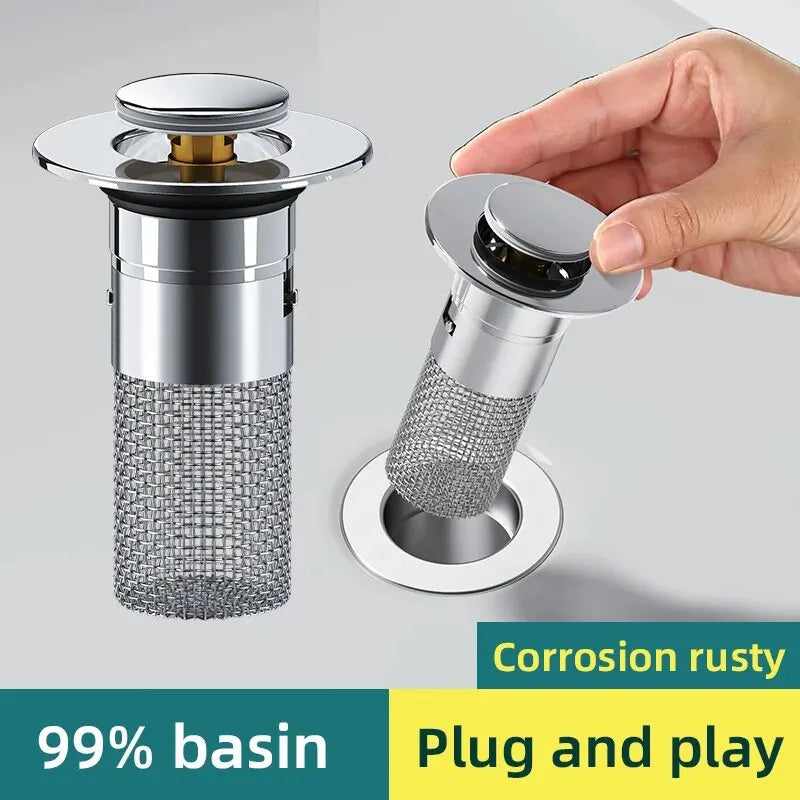 Silver press-type sink drain stopper with a mesh core and a removable cap
