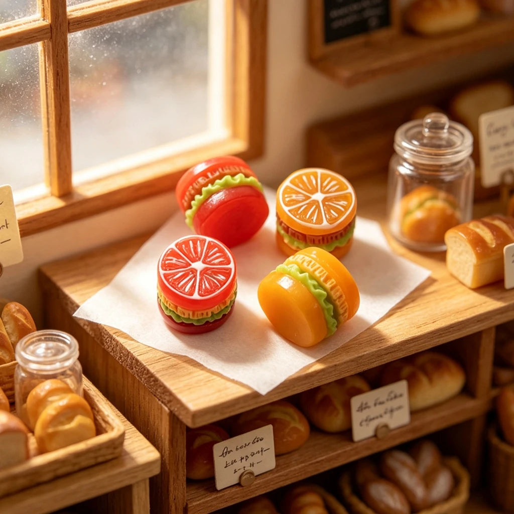 Et sett med miniatyrbakverk av resin, med en rød tomat og en oransje muffins, på en treoverflate.
