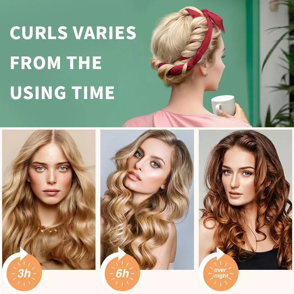 Three models show different curl styles achieved using a heatless curling rod headband over 3, 6 hours, and overnight.