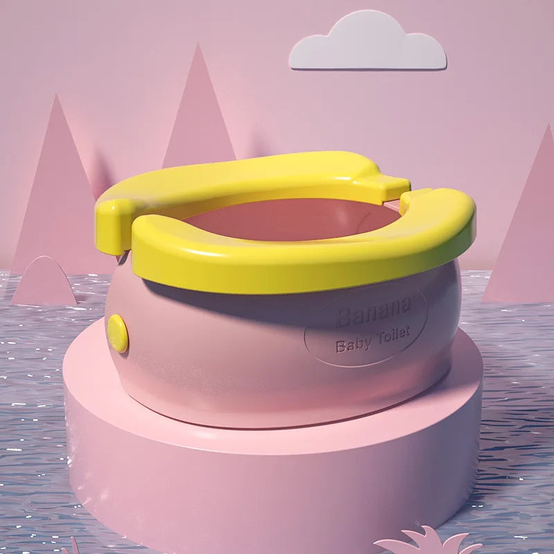 A pink foldable travel potty for kids with a yellow seat and waste bags, set against a light pink background.