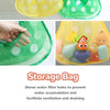 A yellow and green mesh storage bag with holes designed to prevent water accumulation for toys.