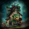 A detailed building block set depicting a farm structure with green monster figures and various accessories.