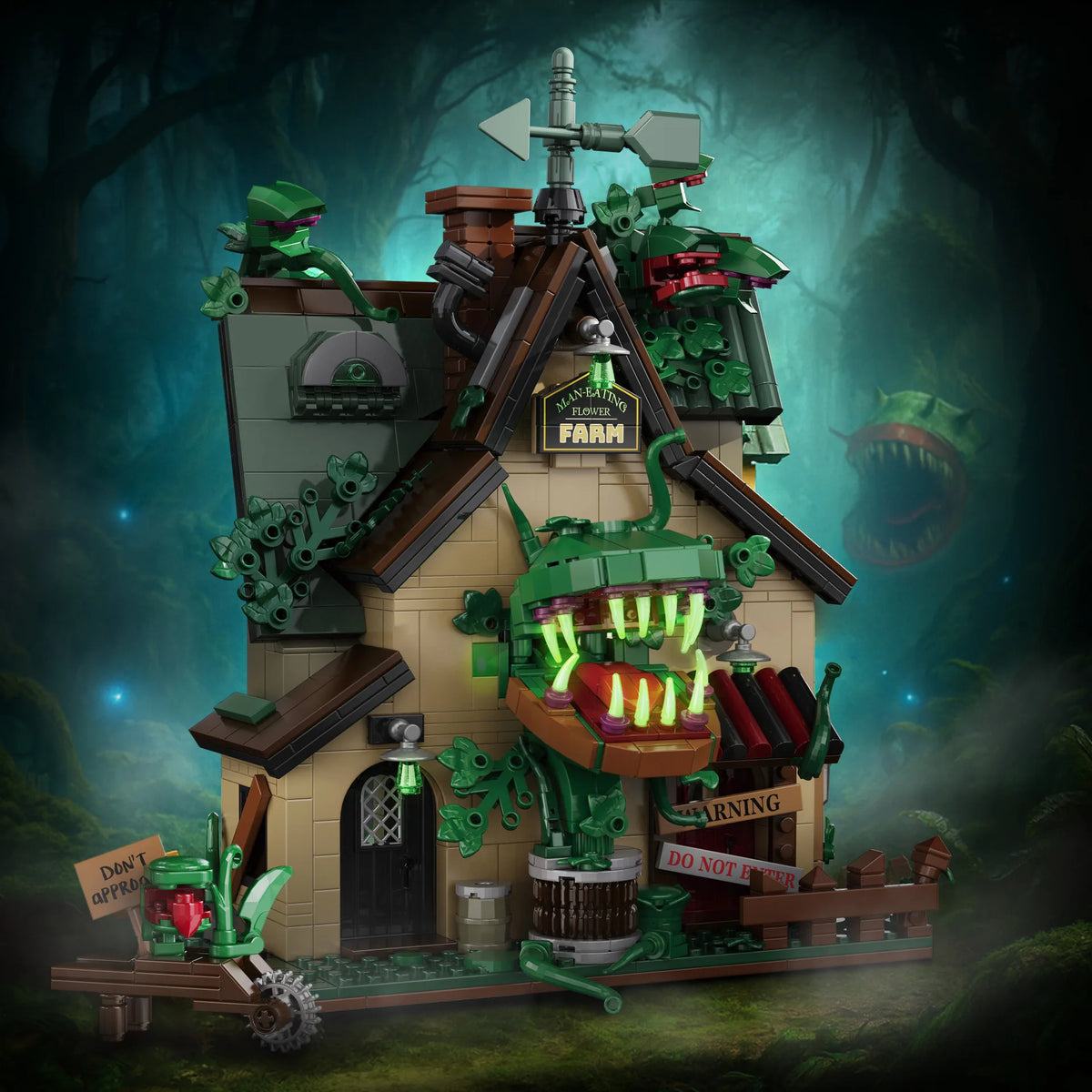 A detailed building block set depicting a farm structure with green monster figures and various accessories.