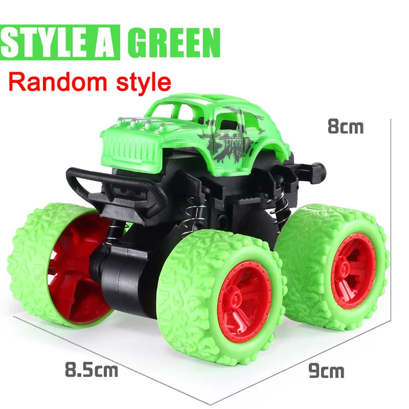 A green pull-back stunt SUV toy car with black chassis and bright green wheels.