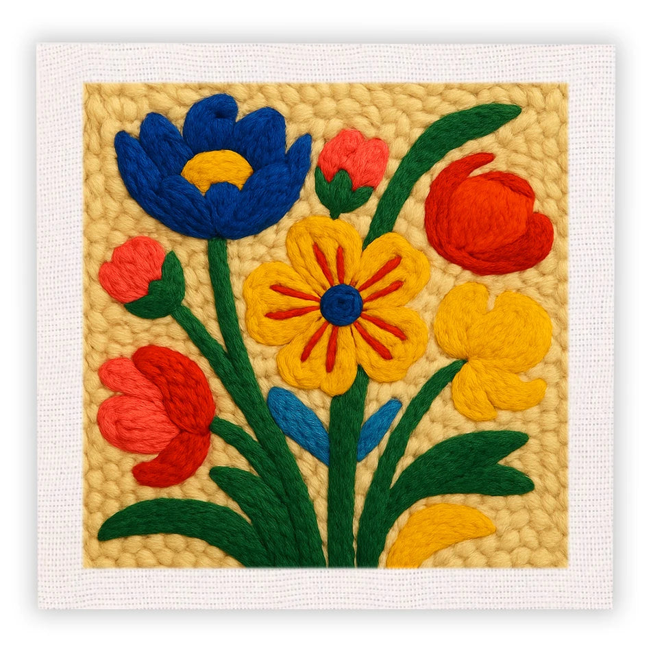 Punsjneedle broderisett med fargerike blomsterdesign i blått, oransje og gult på beige bakgrunn.