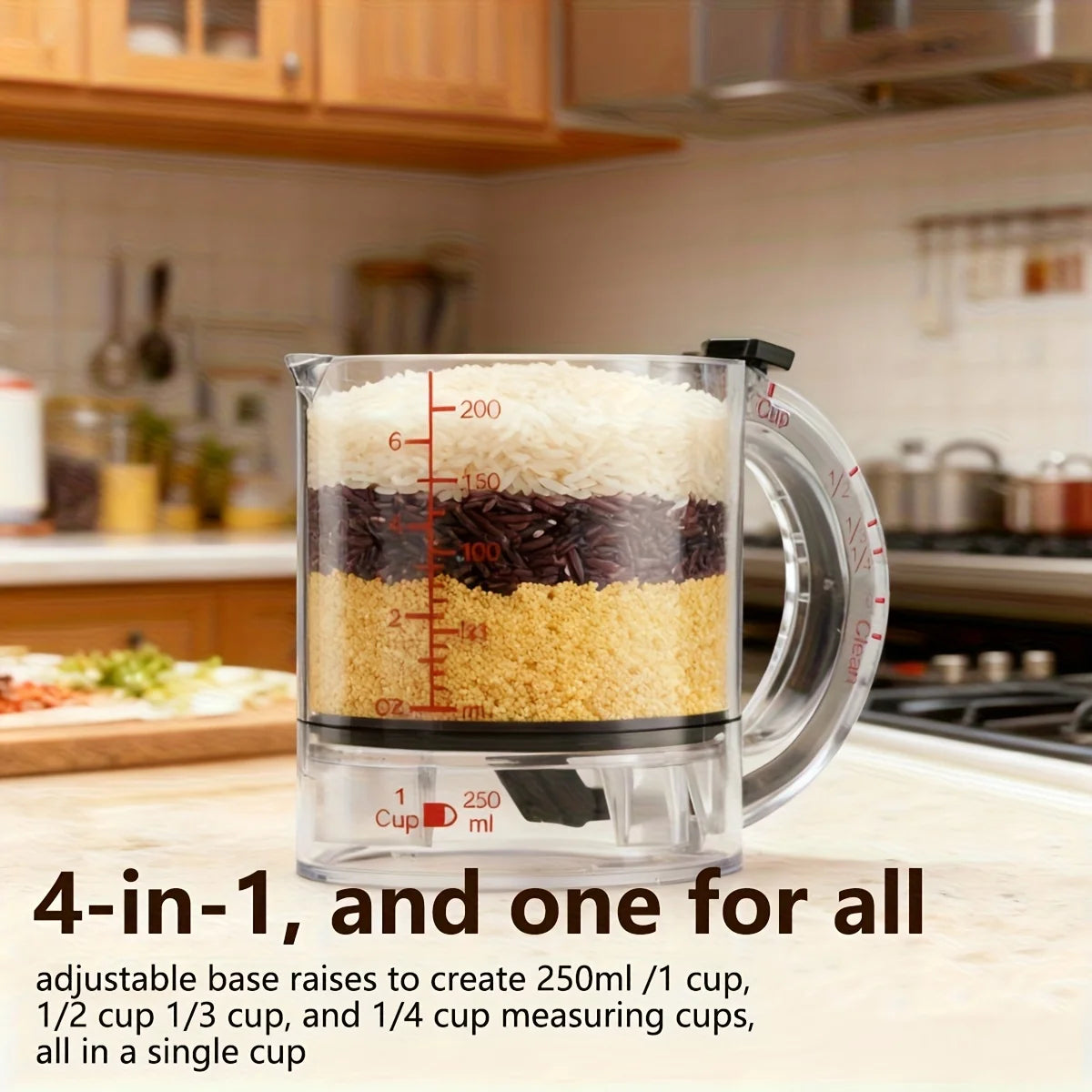 A clear glass measuring cup with a scraper base showing four different measurements stacked inside.
