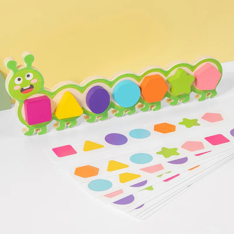 A wooden magnetic caterpillar puzzle featuring colorful shapes and colors for children's learning.